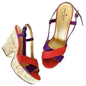 KATE SPADE Purple Red Colorblock Penny Cork Wedges Heeled Sandals Slingback 9.5